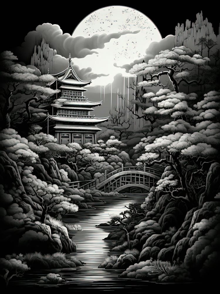 Hachijo Jima In Tokyo, Ukiyo E Black And White Line Art Drawing 3