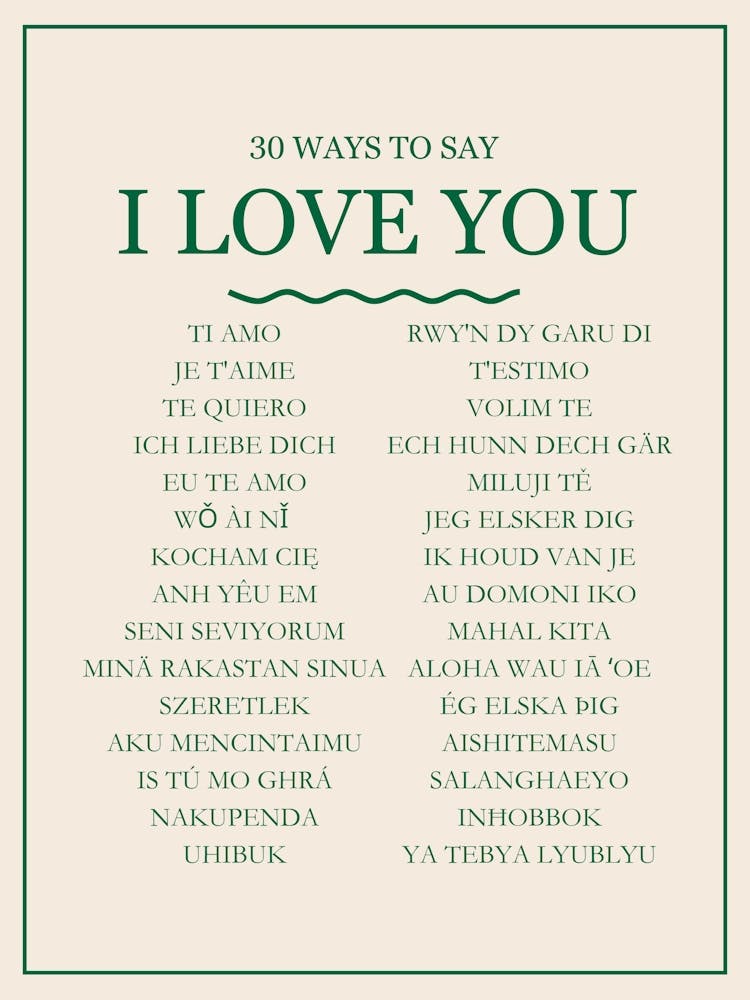 30 Ways To Say I Love You Green Print