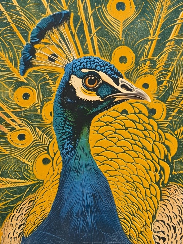 Blue Mustard Peacock Linocut Inspired 1