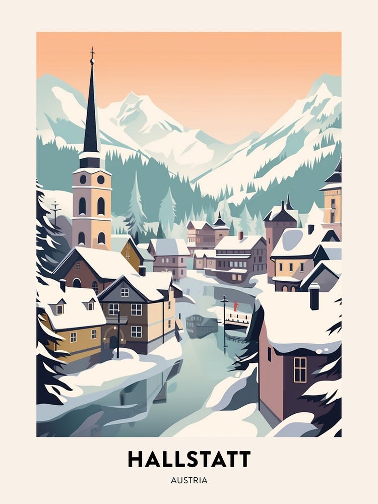 Vintage Winter Travel Poster Hallstatt Austria 3
