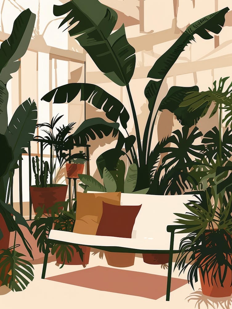 Illustration Of Tropical Plants In A Greenhouse