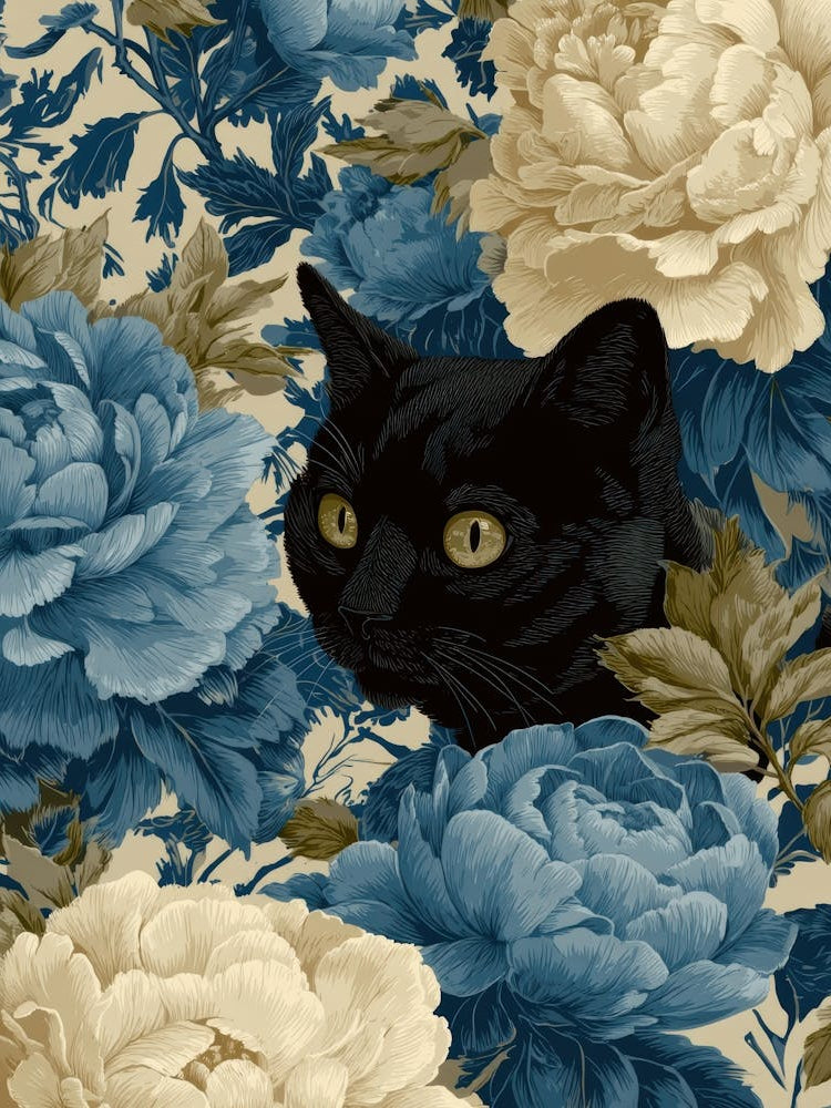 Black Cat In Blue Flowers 16