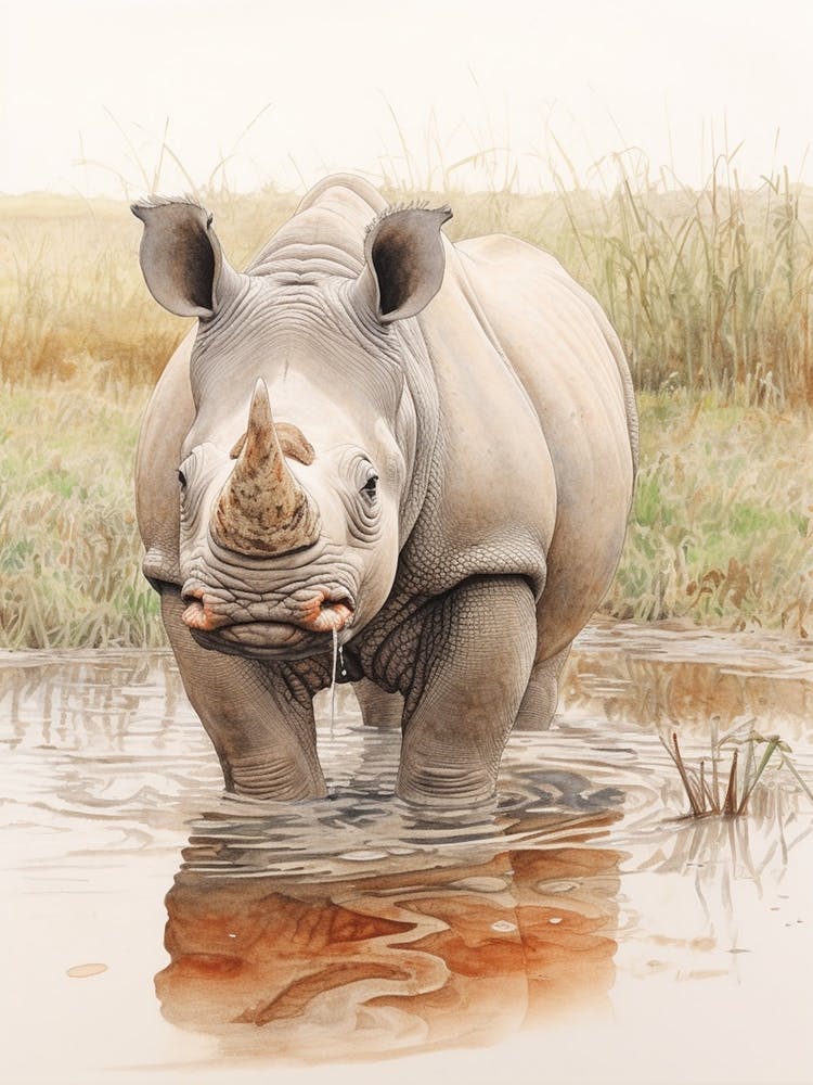 Vintage Illustration Of A Rhino In The Lake  4
