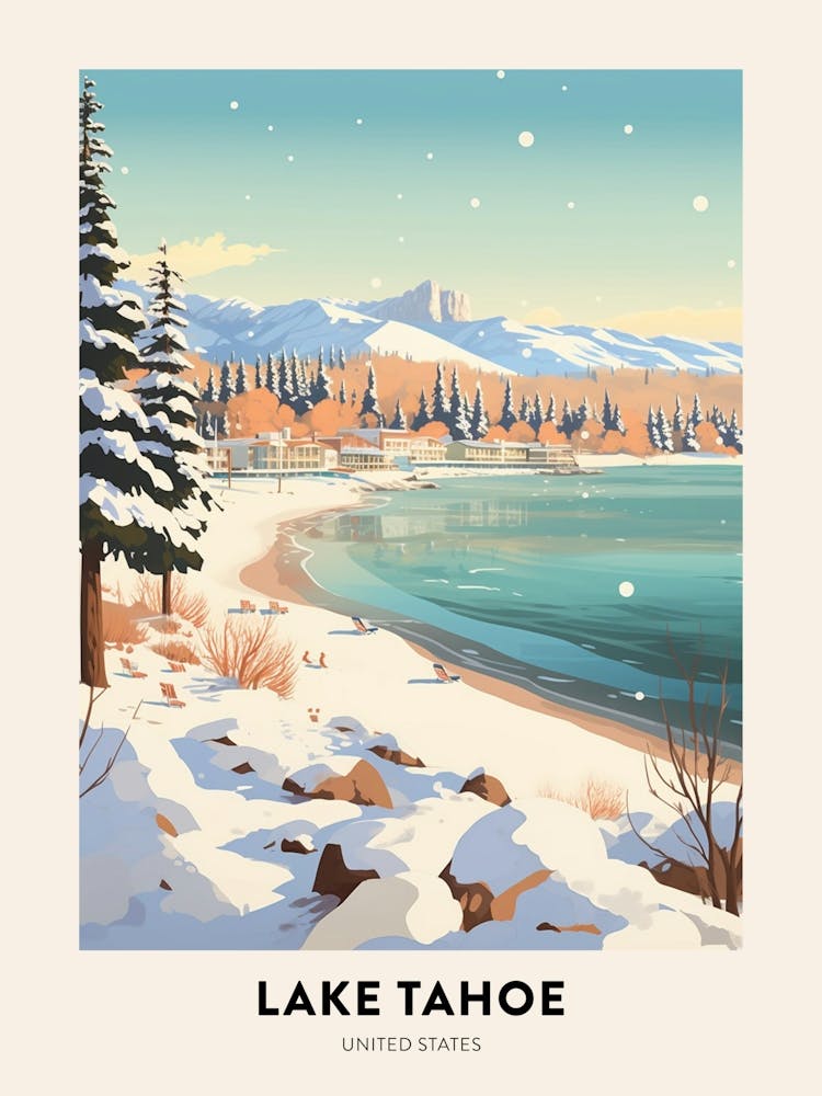 Vintage Winter Travel Poster Lake Tahoe Usa 3