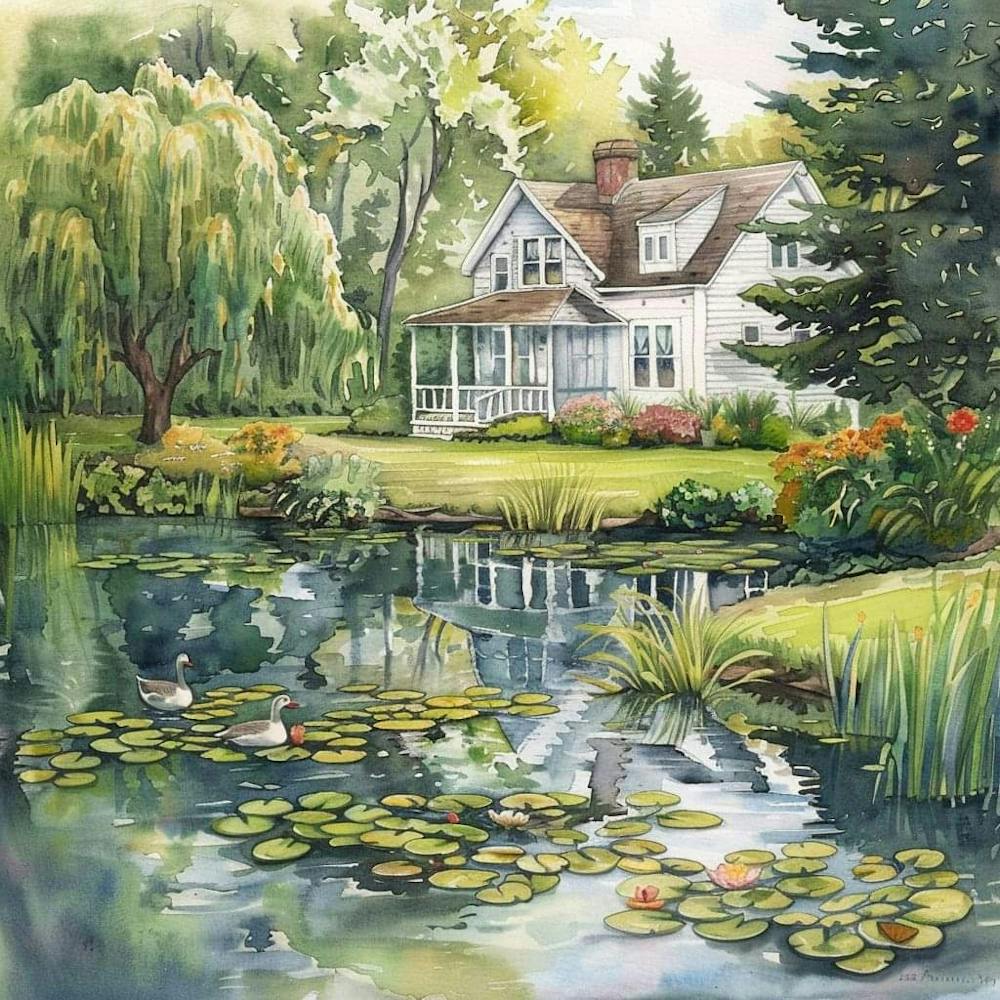 The Water Lily Pond at the Old Farmhouse Watercolor Painting | Americana Nostalgic Idyllic Scenery | Willow Tree and Geese | Home Sweet Home