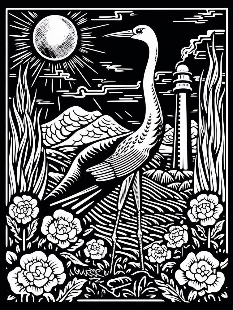 B&W Bird Linocut Crane 3