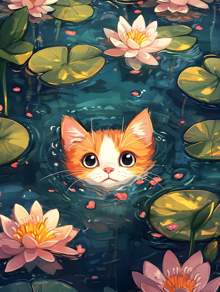 Cute Cat Swimming Among Water Lilies 6
