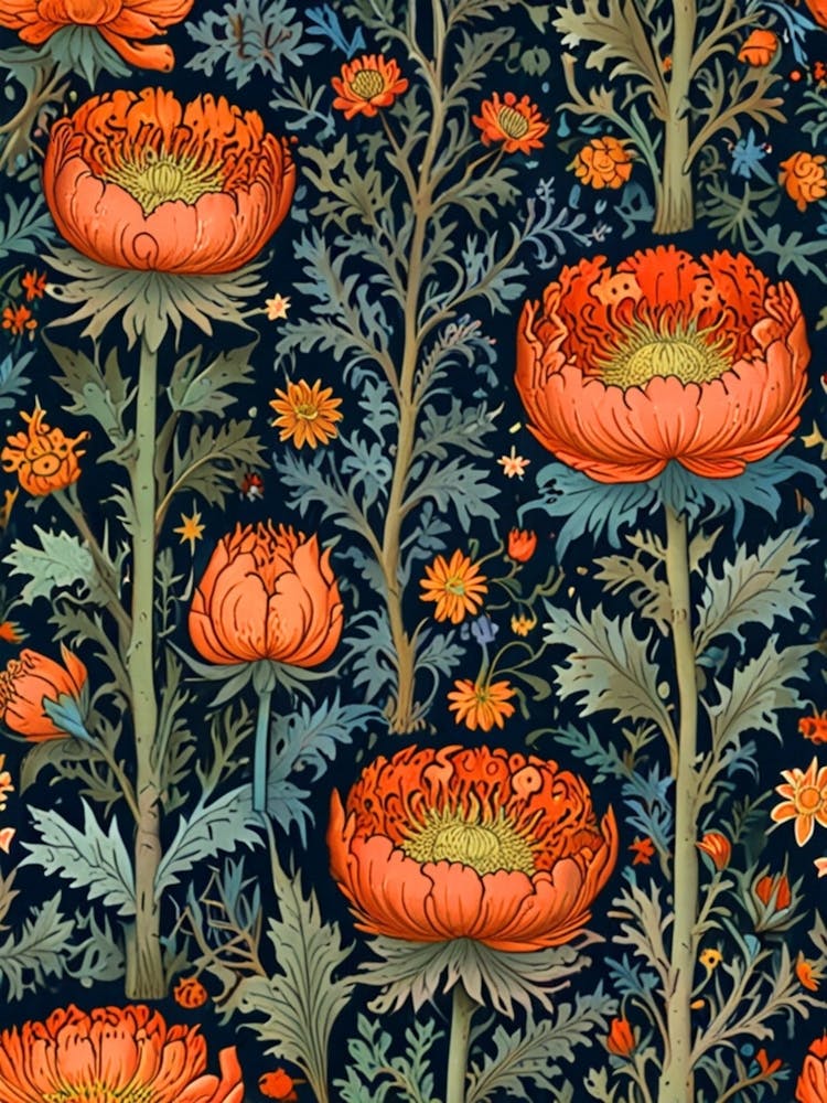 William Morris Fleurs Oranges Sur Fond Noir 1
