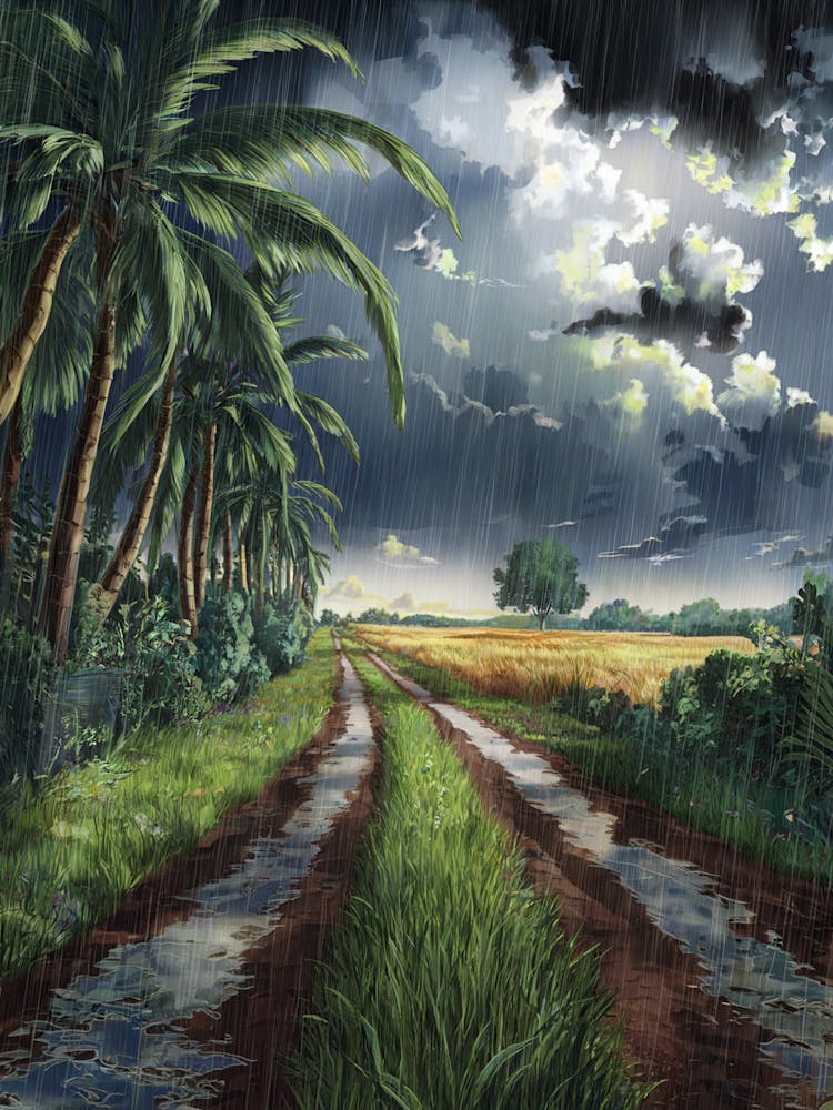 Anime Canvas Art: Rainy Rural Landscape with Storm Clouds, Palm Trees, and a Reflective Muddy Path, Perfect for Lofi Aesthetic and Moody Nature Lovers.