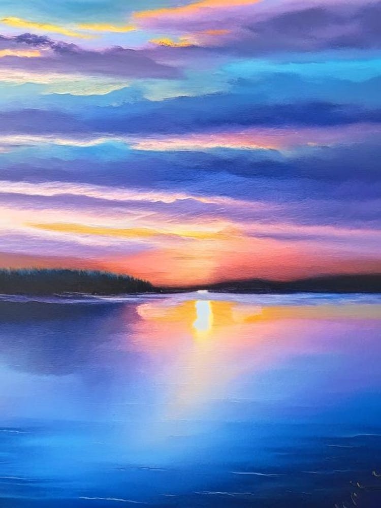 Sunset Over Lake Waterscape Marble Acrylic Painting 1