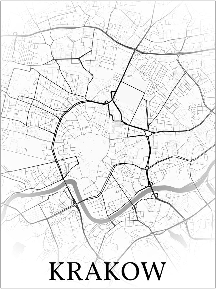 Kraków, Poland, City Map, Black And White Fade Design