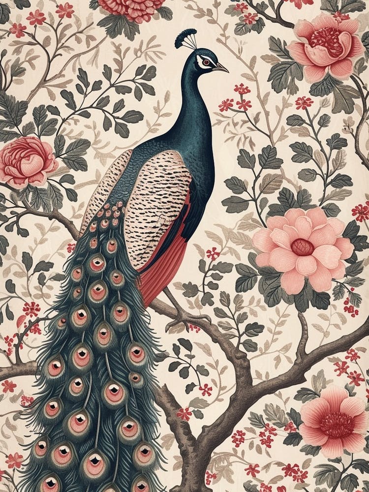 Floral Blue & Pink Peacock Wallpaper 1
