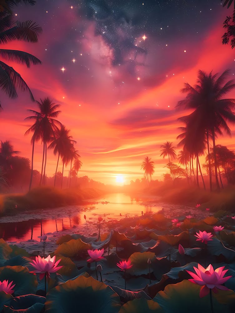 Sunset With Lotus Lilies