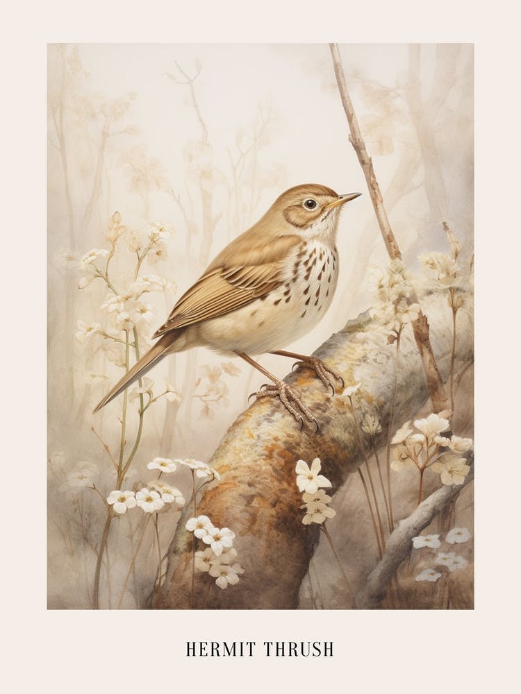 Vintage Bird Drawing Hermit Thrush 1 Poster