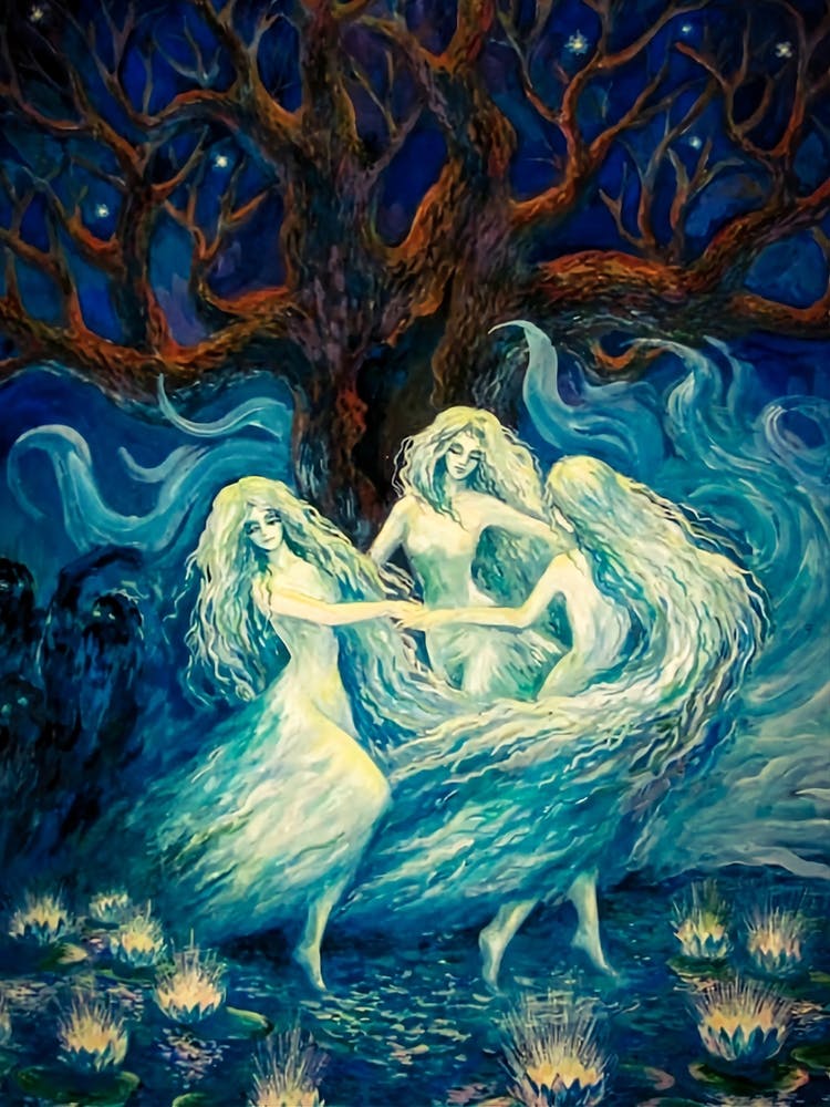 Les Samodivas - Dames Vintage Sorcières Nymphes Dansant au Clair de Lune dans la Forêt Lotus Nénuphars Belles Femmes Sorcellerie Folklore Russe Slave