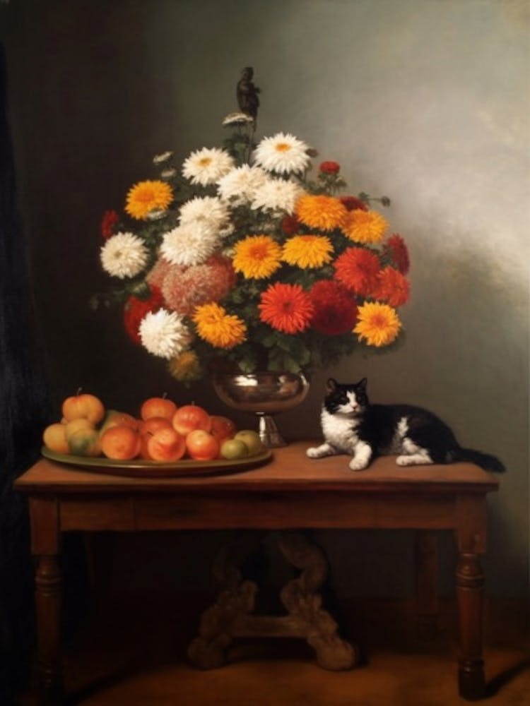 Painting Of A Still Life Of A Chrysanthemums With A Cat, Realism 3