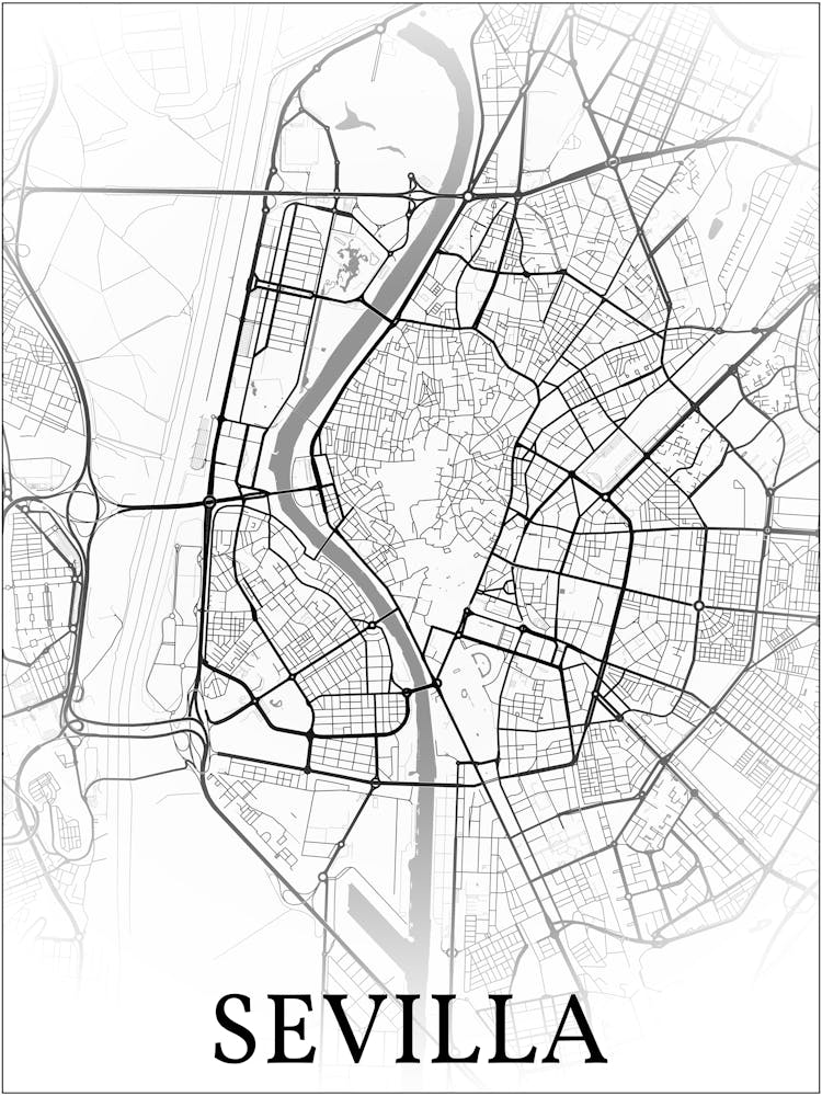 Seville, Andalusia, Spain, City Map, Black And White Fade Design