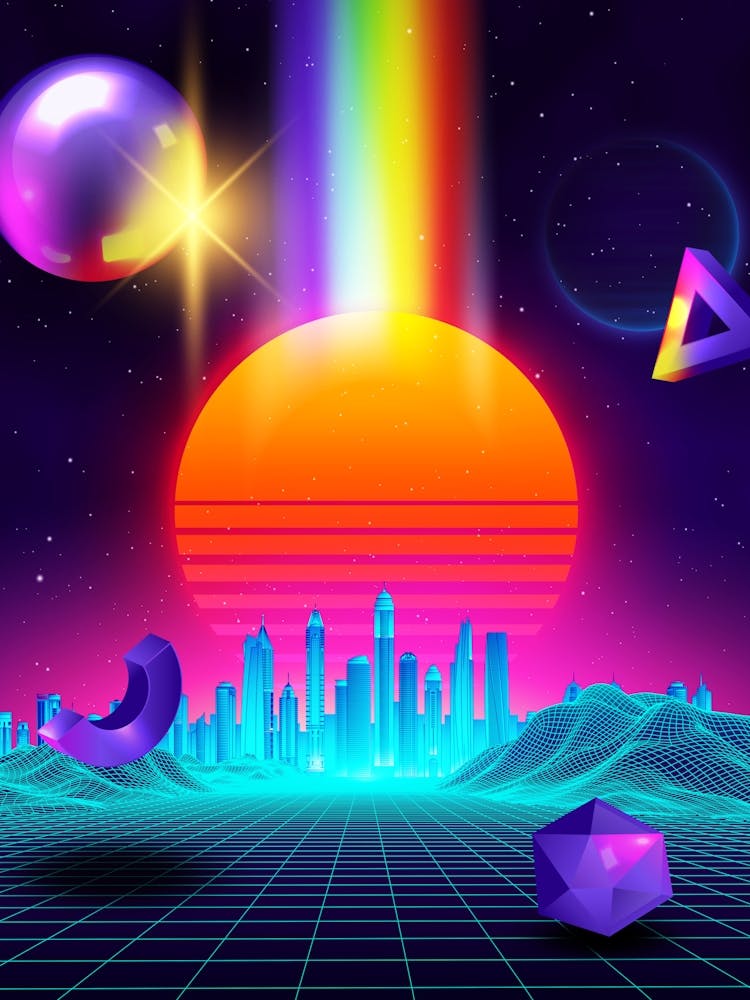 Neon sunset, city and sphere [synthwave/vaporwave/cyberpunk] — aesthetic neon retrowave poster
