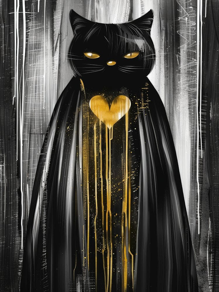 Black Cat With Gold Heart
