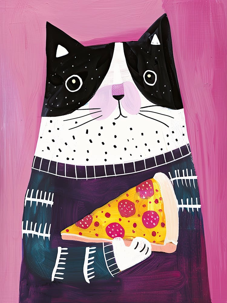 Illustration Folklorique : Chat Heureux Noir et Blanc Amateur de Pizza 1
