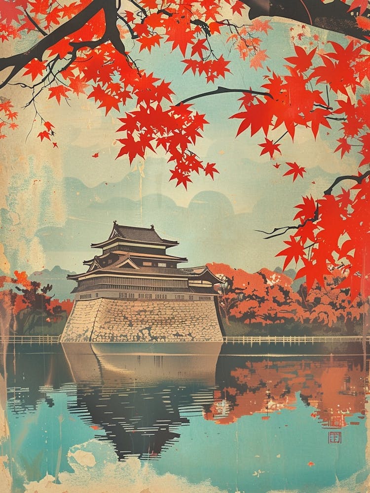 Japanese Castle In The Autumnal Leaves Mid Century Modern