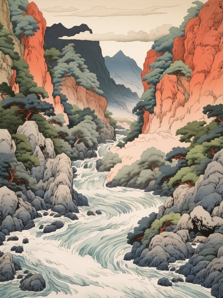 Sounkyo Gorge In Hokkaido, Ukiyo E Drawing 2