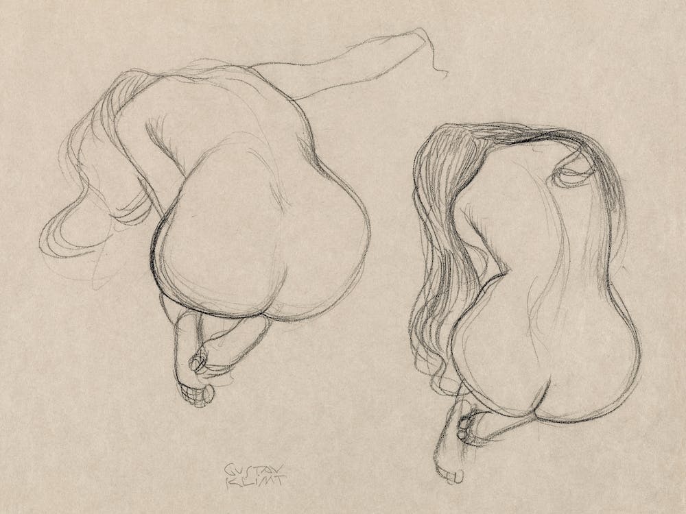 Two Studies Of A Seated Nude With Long Hair, Gustav Klimt