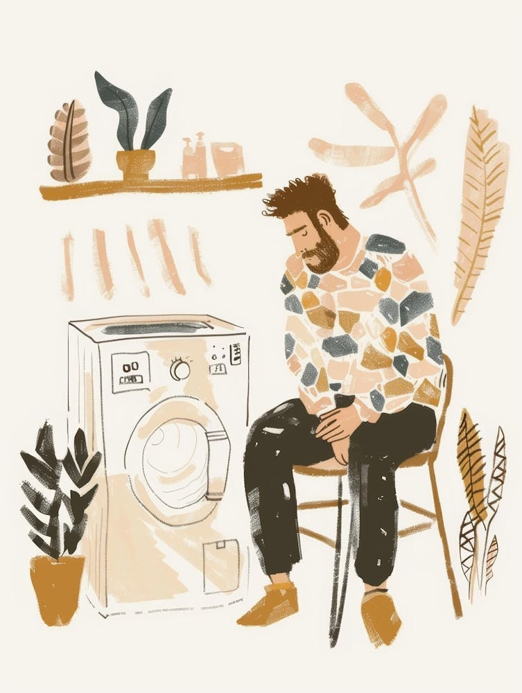 Man Sitting In Front Of Washing Machine