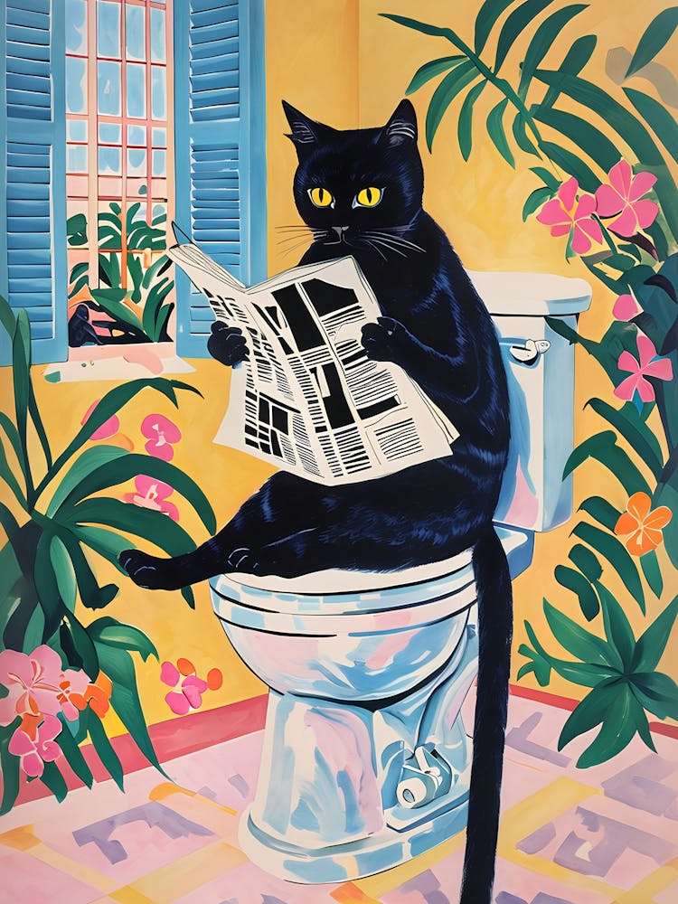 Cat Reading Newspaper Toilet Humor Decor