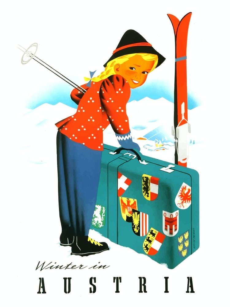 Austria, Ski Girl With Big Blue Suitcase
