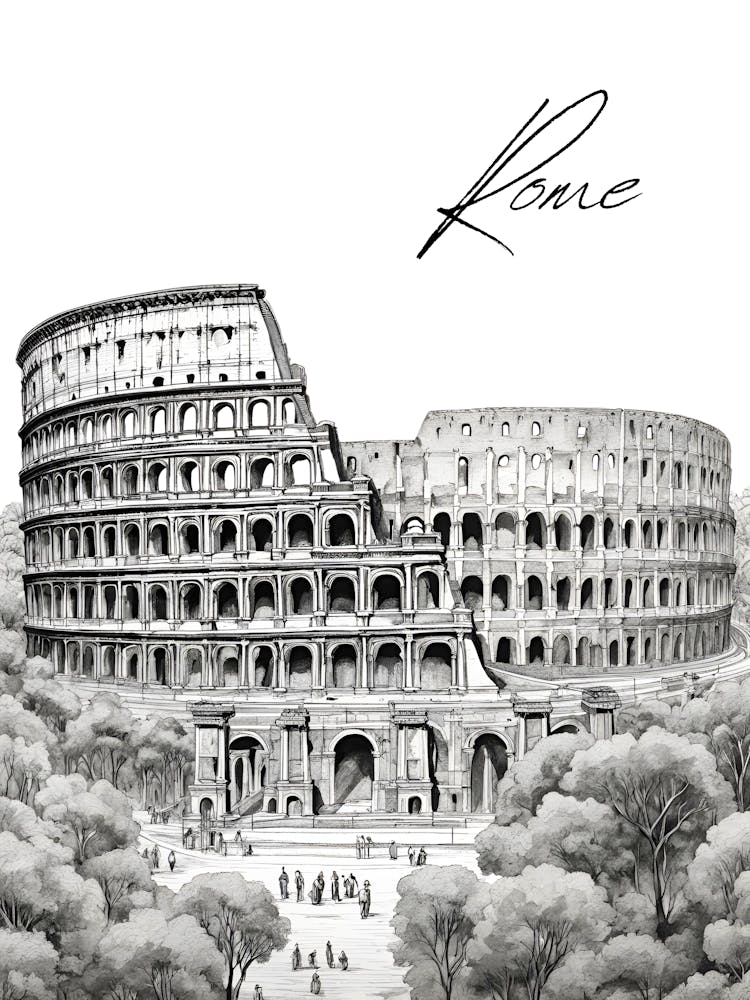 Rome Colosseum, Black And White Illustration