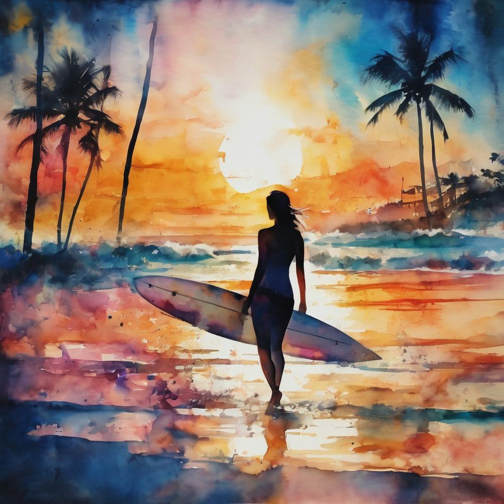 Surfer Girl At Sunset