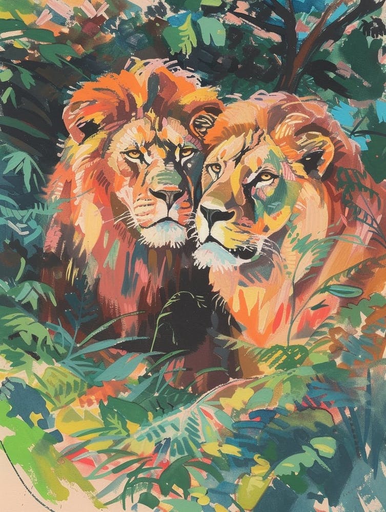 Asiatic Lion Mating Rituals Fauvist Painting 1