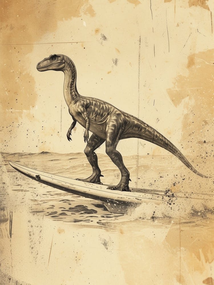 Vintage Therizinosaurus On A Surf Board 1