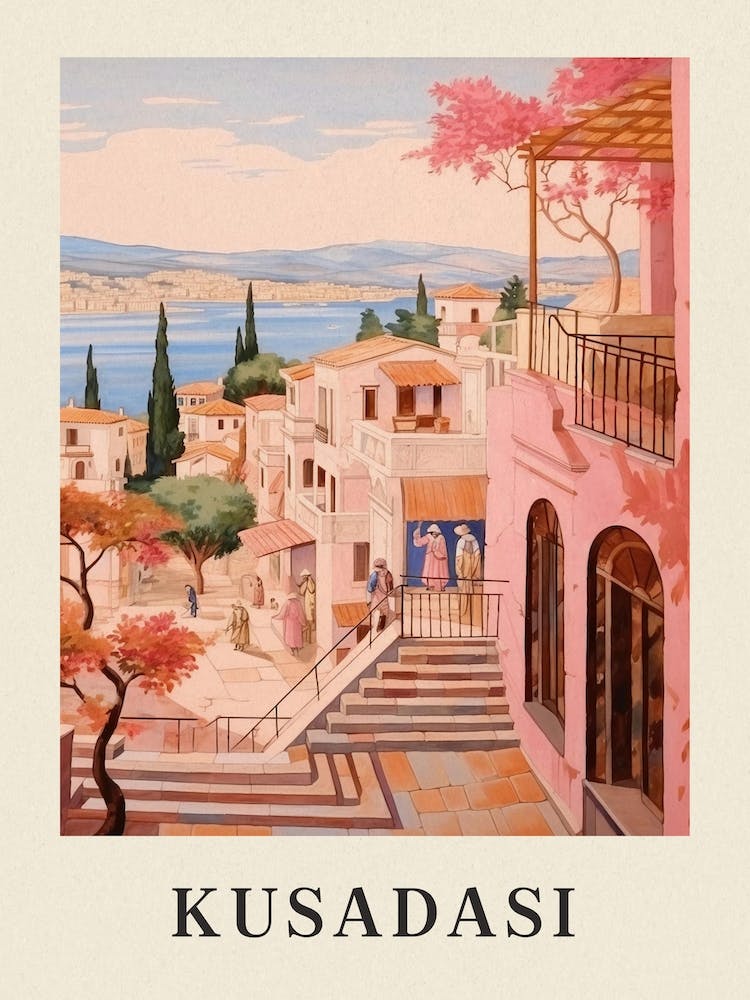 Kusadasi Turkey 3 Vintage Pink Travel Illustration Poster