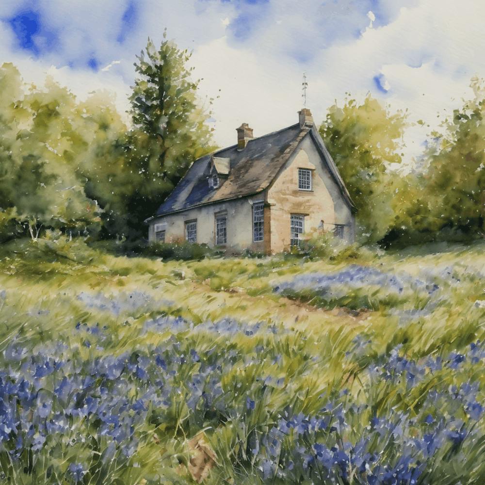 Bluebells Farmhouse - Watercolor Sunny May Gardens in England - Beautiful Tranquil HD Gallery Fine Wall Art - Greenery Landscape Purple Blue Green Scenery