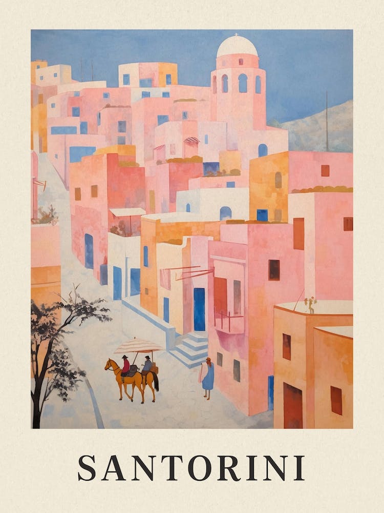 Santorini Greece 1 Vintage Pink Travel Illustration Poster