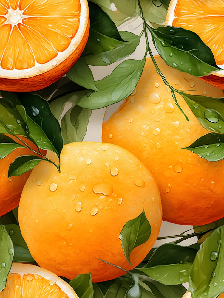 Vibrant Orange Fruit Illustration – Fresh Citrus Art With Dewy Leaves