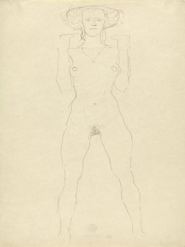 Standing Female Nude With Straddled Legs And Bent Arms, Gustav Klimt