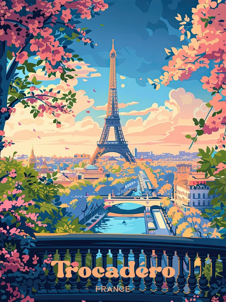 Trocadero Paris Romantic Travel Illustration