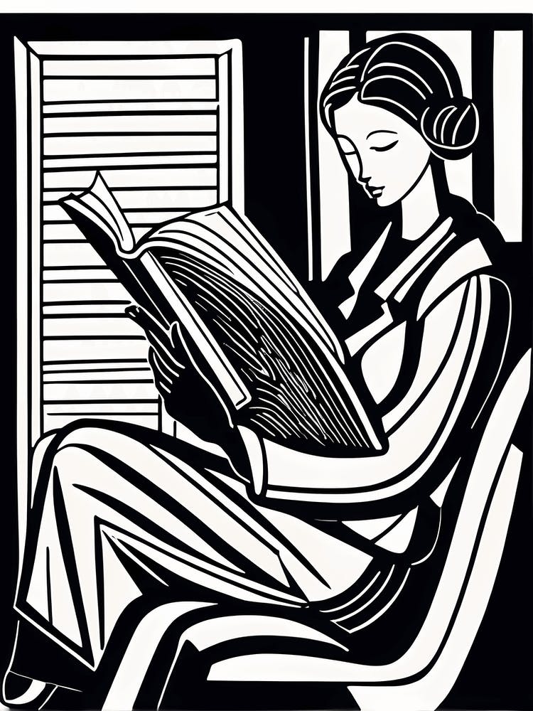 Just a girl who loves to read, Lion cut inspired Black and white Stylized portrait of a Woman reading a book, reading art, book worm, Reading girl 197
