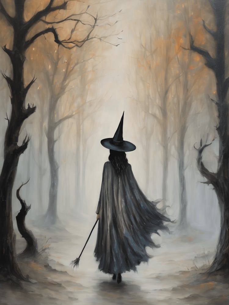 A Grey Witch in The Haunted Forest | Neutral Tones Halloween all Year Witchys for a Feature Wall | Dark Aesthetic Mystical Samhain