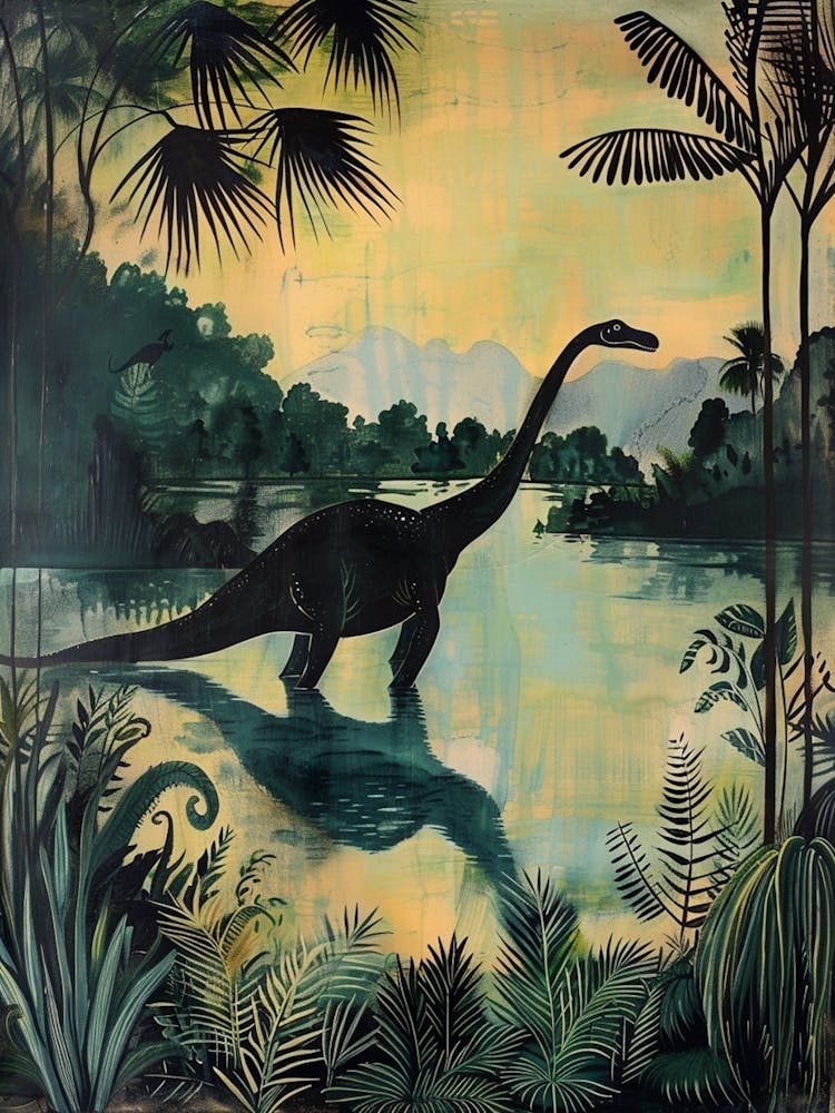 Dinosaur With Tropical Leaves Silhouette Painting