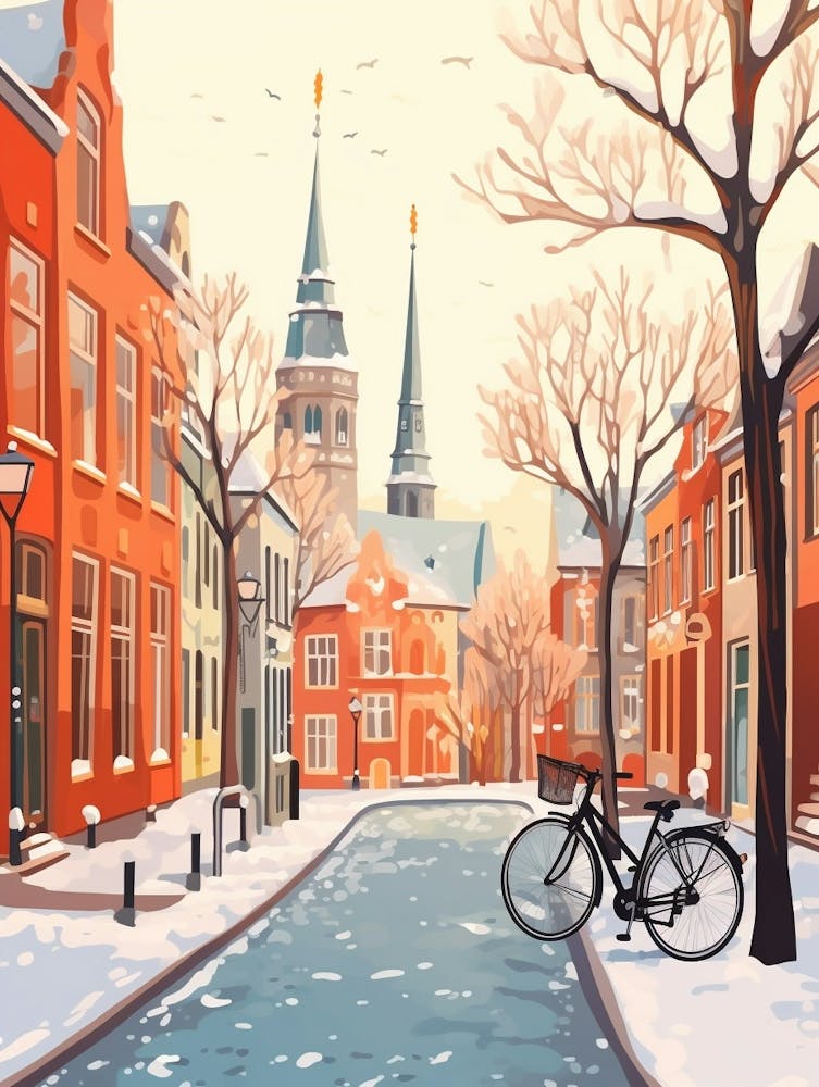 Vintage Winter Travel Illustration Copenhagen Denmark 4