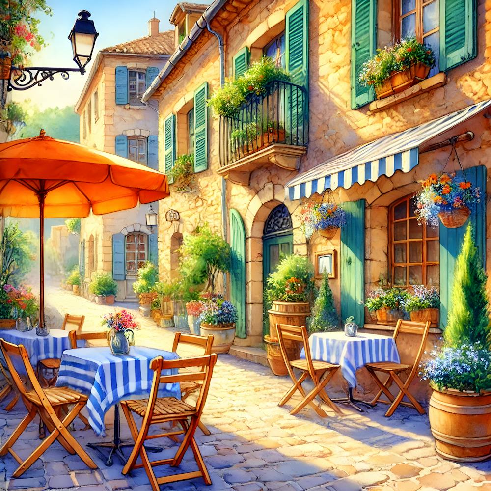 Charming European Café Street in Pastel Tones – Outdoor Dining in Provence