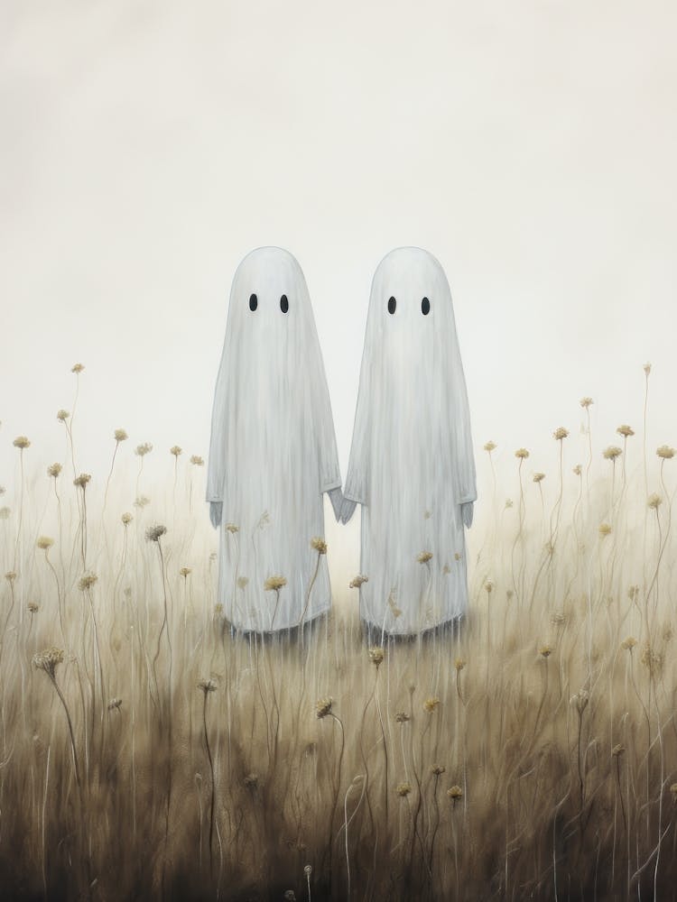 Beige Ghosts Holding Hands Halloween Painting