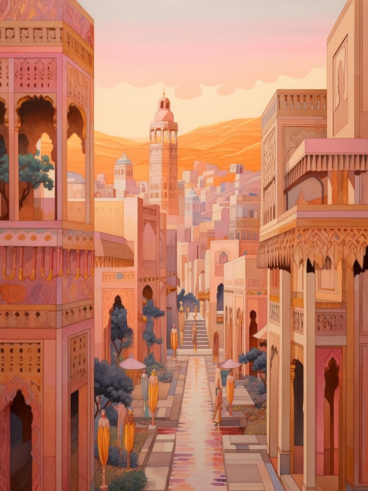 Marrakech Morocco 7 Vintage Pink Travel Illustration