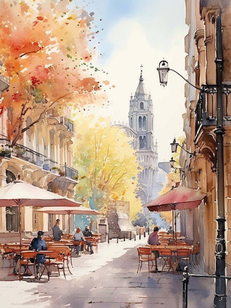 Barcelona Spain In Autumn Fall, Watercolour 3