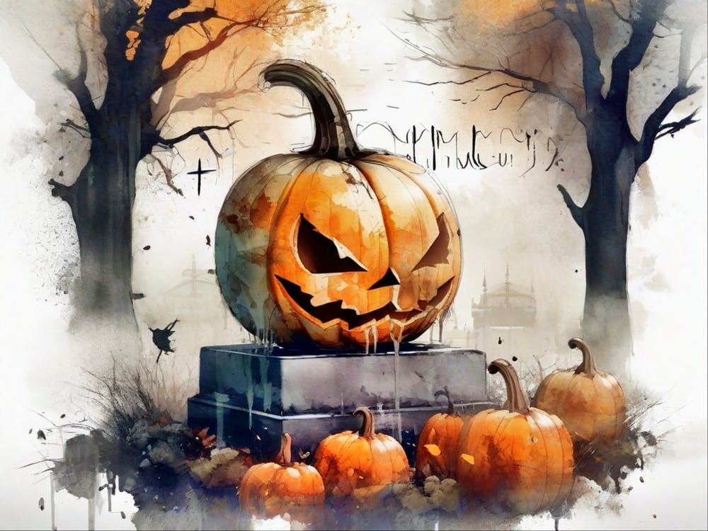 Sdxl 09 Halloween Pumpkin In Front Of Cemetery Double Exposure 1