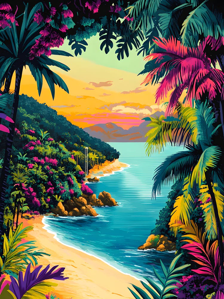 Tropical Paradise Sunset Vibrant Coastal Landscape Wall Art With Lush Jungle & Ocean View